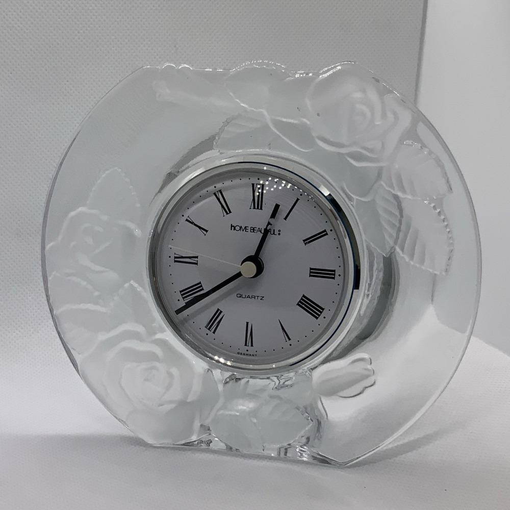Vintage Mantel Desk Clock Home‎ Beautiful Glass Etched Roses Japan & Quartz 5x6